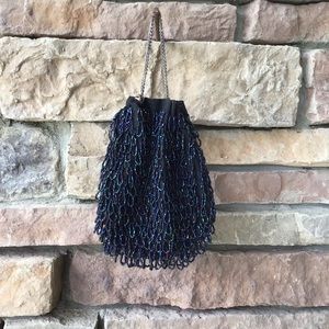 Vintage Beaded Purse / Iridescent Blue Beaded Fringe Wrist Purse / 1920s